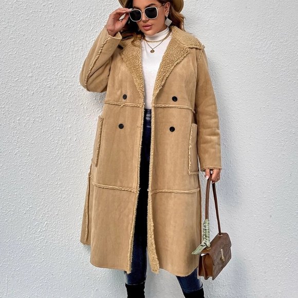 Reg or Plus Size camel Double Breasted Teddy lined faux suede Coat Jacket fall - Picture 6 of 11
